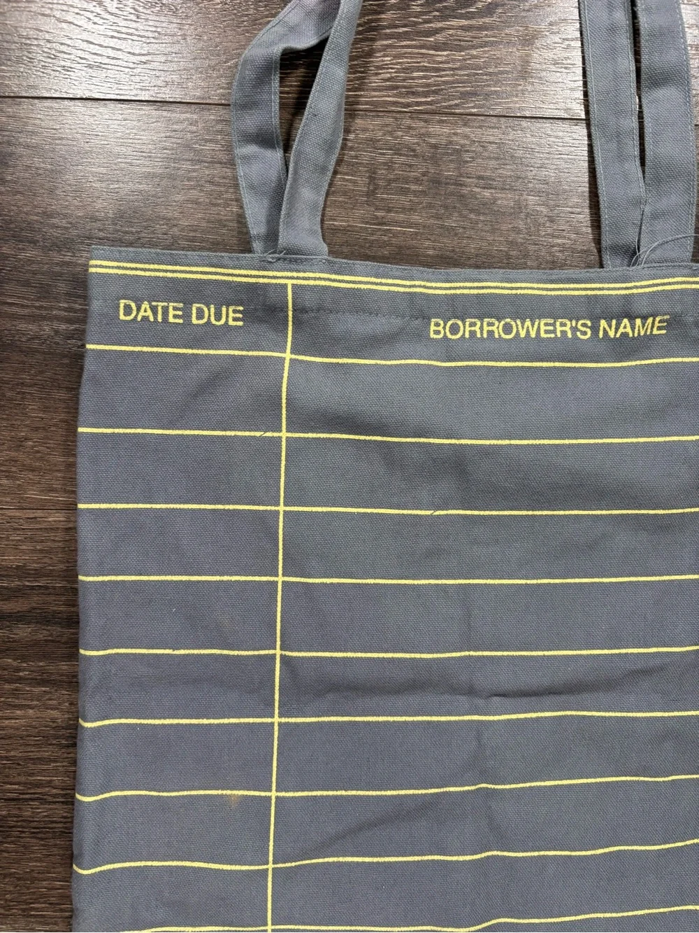 Gray Canvas Tote Bag with Yellow Library Card Print - Bags